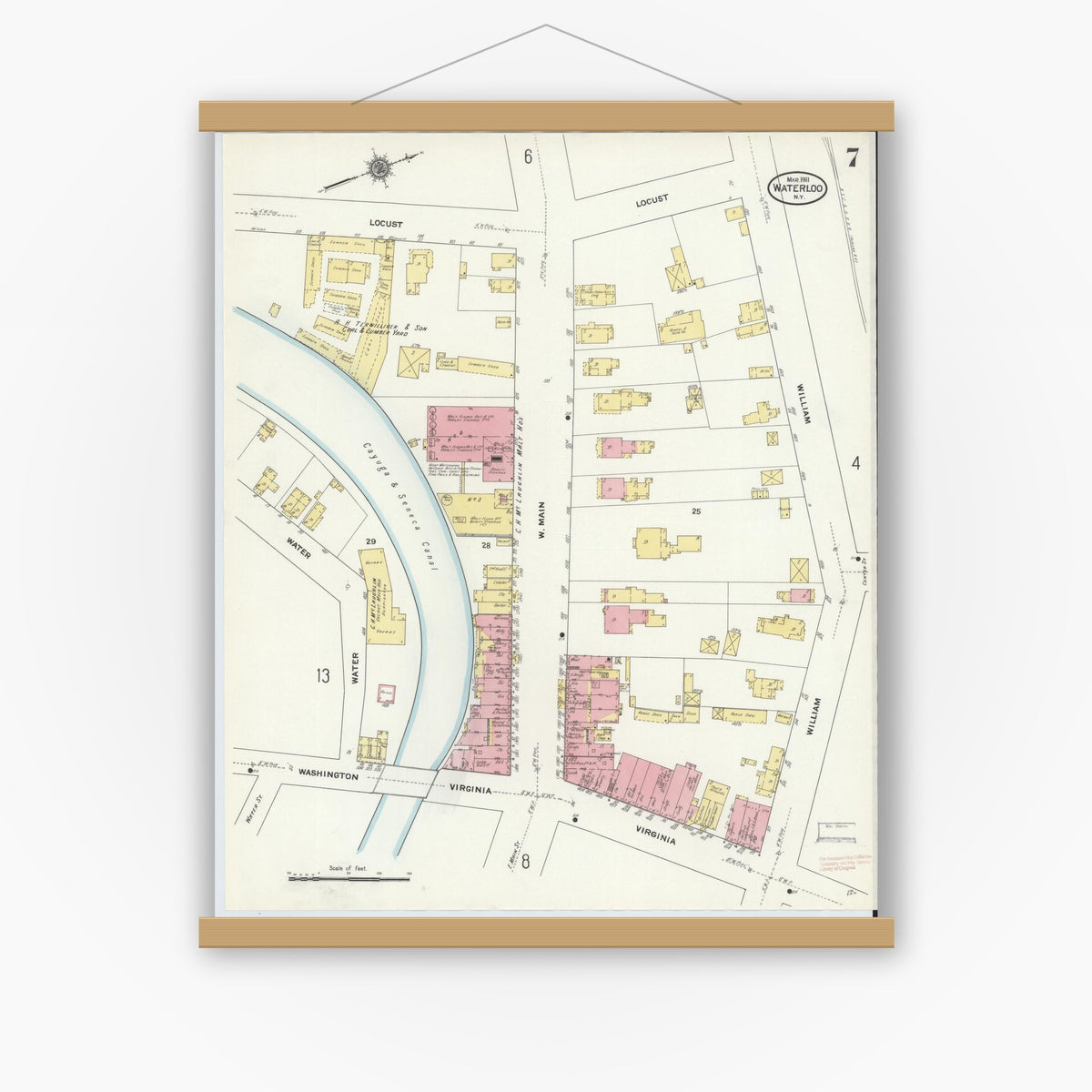 Old map wall art mockup — magnetic wood frame on white wall — Sanborn Fire Insurance Map from Waterloo, Seneca County, New York (1911), Sheet #0007