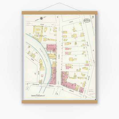 Old map wall art mockup — magnetic wood frame on white wall — Sanborn Fire Insurance Map from Waterloo, Seneca County, New York (1911), Sheet #0007