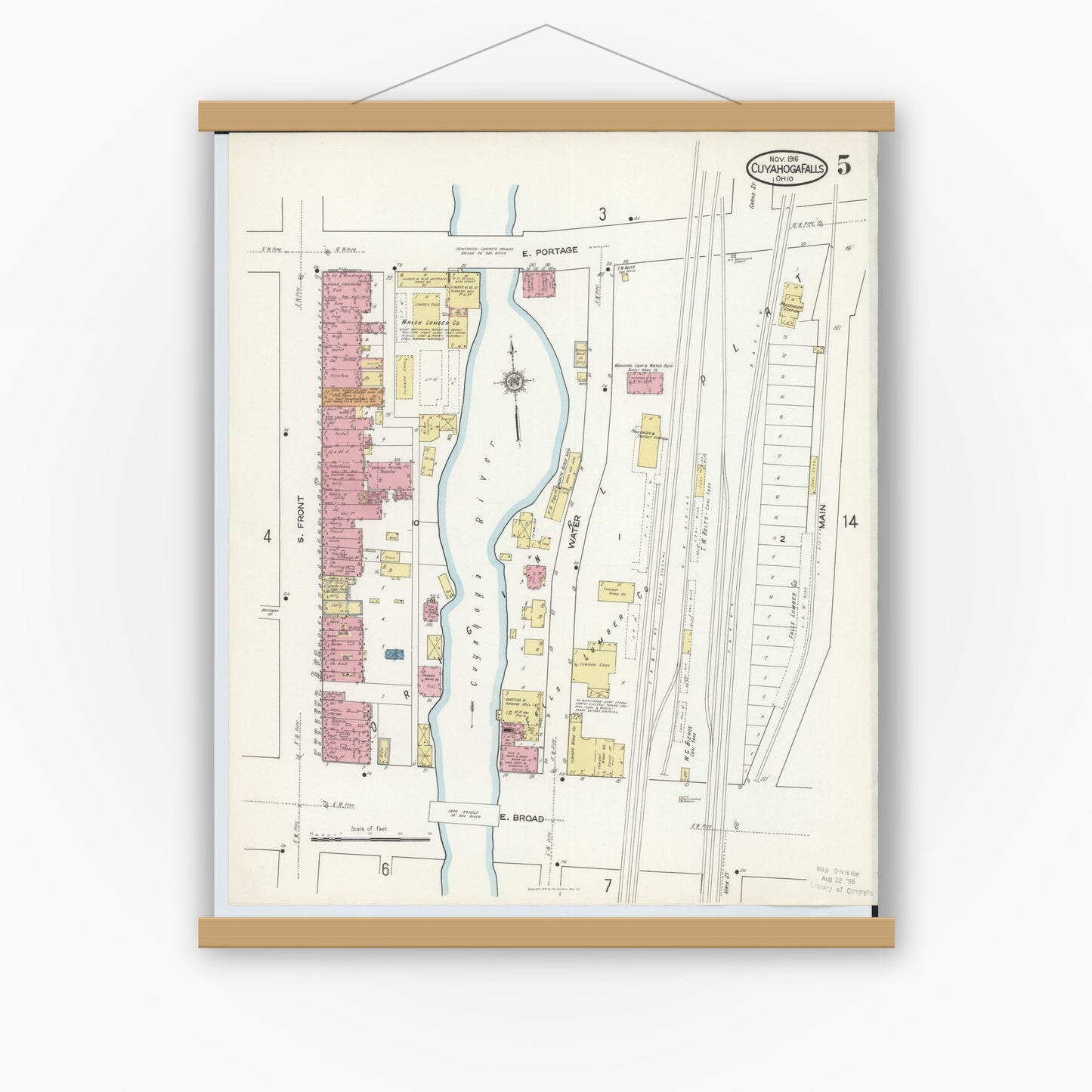 Old map wall art mockup — magnetic wood frame on white wall — Sanborn Fire Insurance Map from Cuyahoga Falls, Summit County, Ohio (1916), Sheet #0005