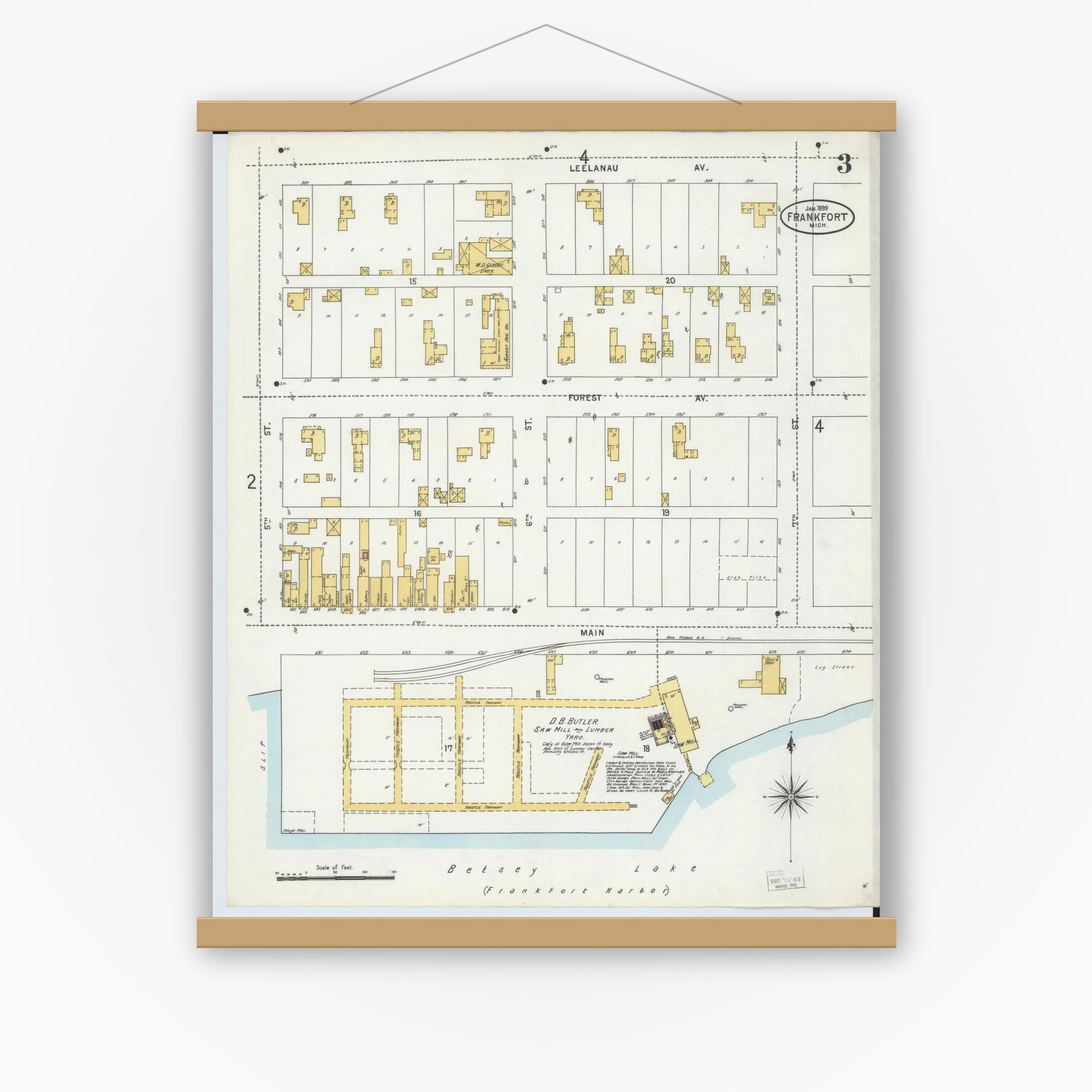 Old map wall art mockup — magnetic wood frame on white wall — Sanborn Fire Insurance Map from Frankfort, Benzie County, Michigan (1899), Sheet #0003