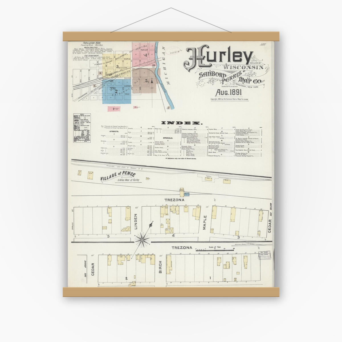 Old map wall art mockup — magnetic wood frame on white wall — Sanborn Fire Insurance Map from Hurley, Iron County, Wisconsin (1891) - Complete Map Set