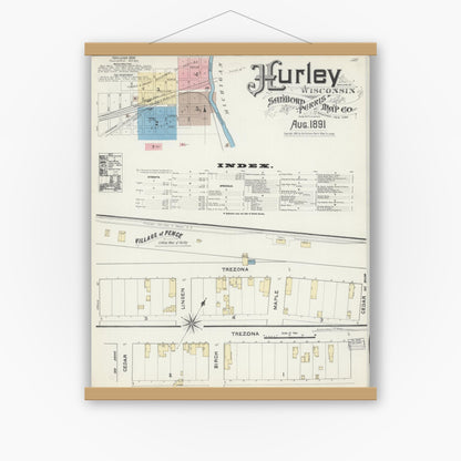 Old map wall art mockup — magnetic wood frame on white wall — Sanborn Fire Insurance Map from Hurley, Iron County, Wisconsin (1891) - Complete Map Set