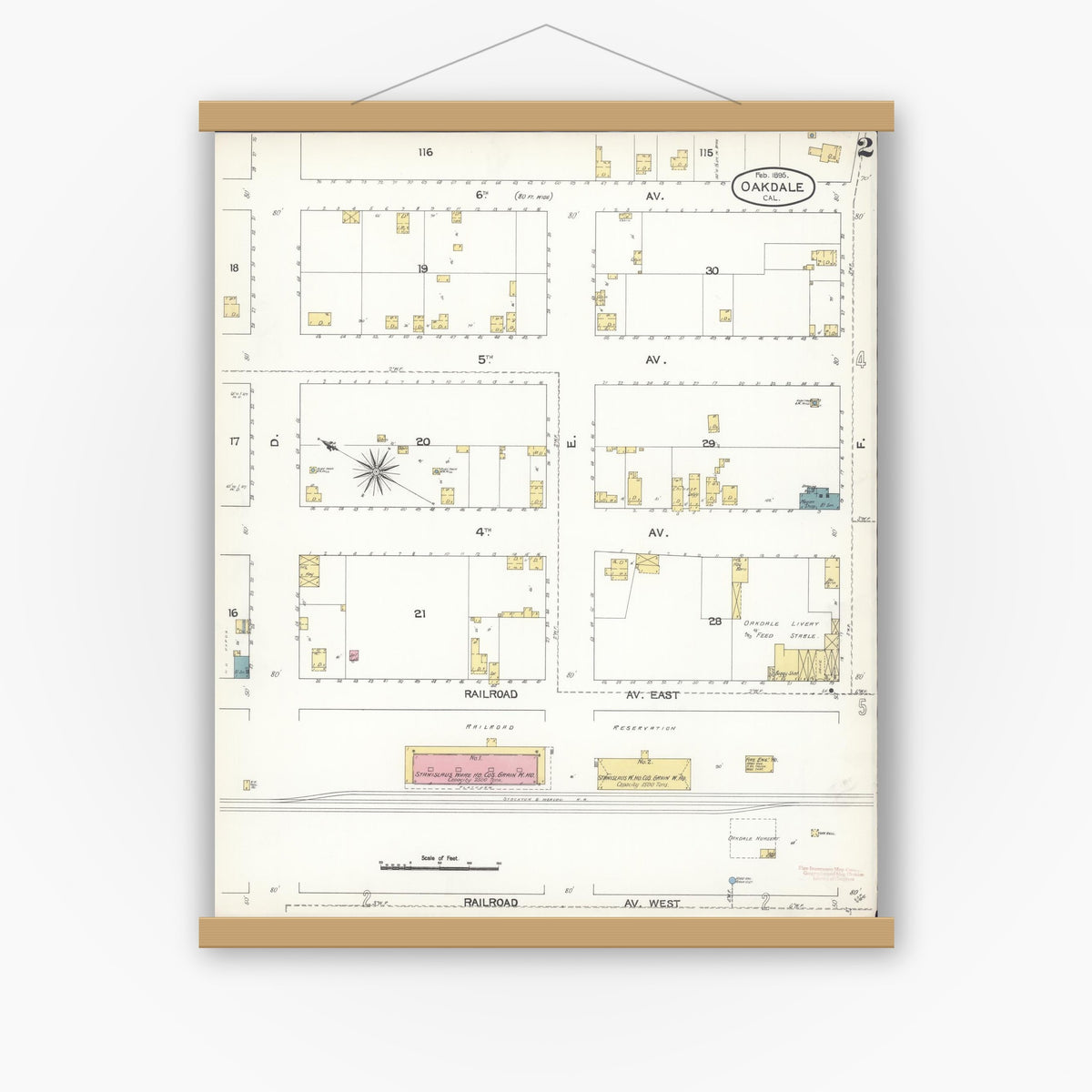 Old map wall art mockup — magnetic wood frame on white wall — Sanborn Fire Insurance Map from Oakdale, Stanislaus County, California (1895), Sheet #0002