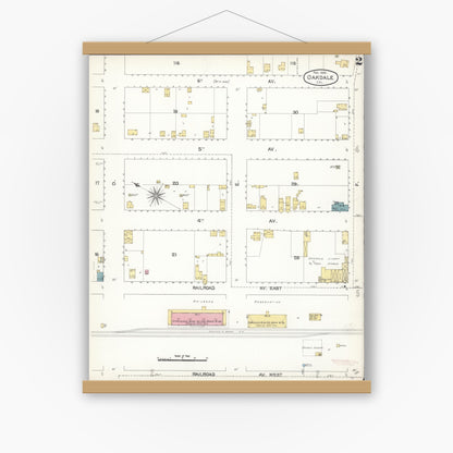 Old map wall art mockup — magnetic wood frame on white wall — Sanborn Fire Insurance Map from Oakdale, Stanislaus County, California (1895), Sheet #0002