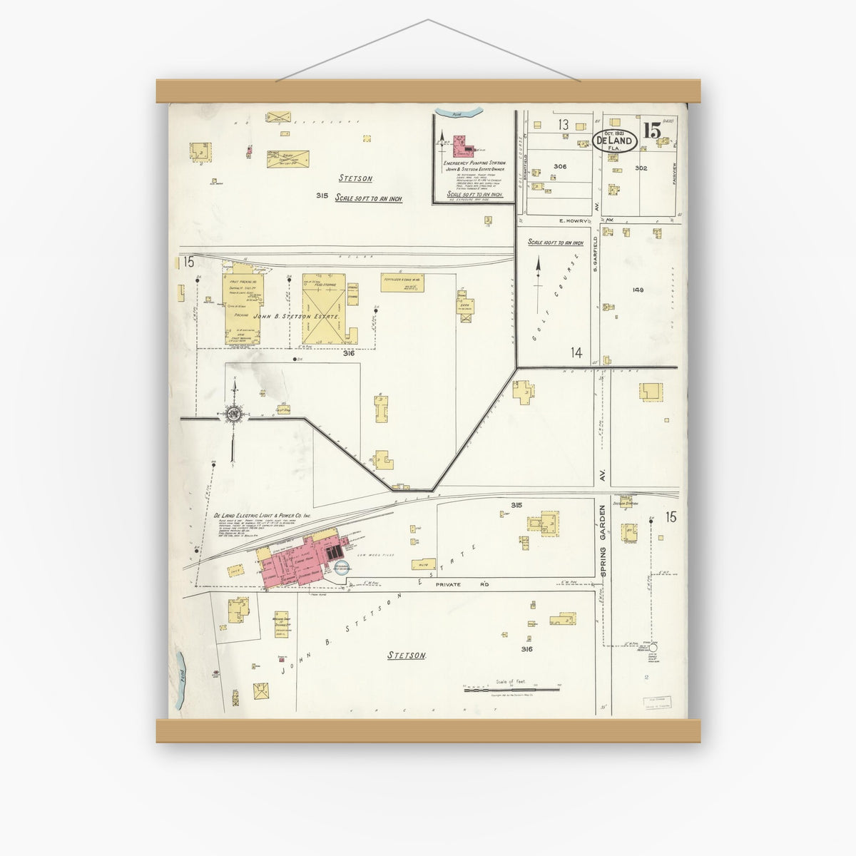 Old map wall art mockup — magnetic wood frame on white wall — Sanborn Fire Insurance Map from De Land, Volusia County, Florida (1921), Sheet #0015