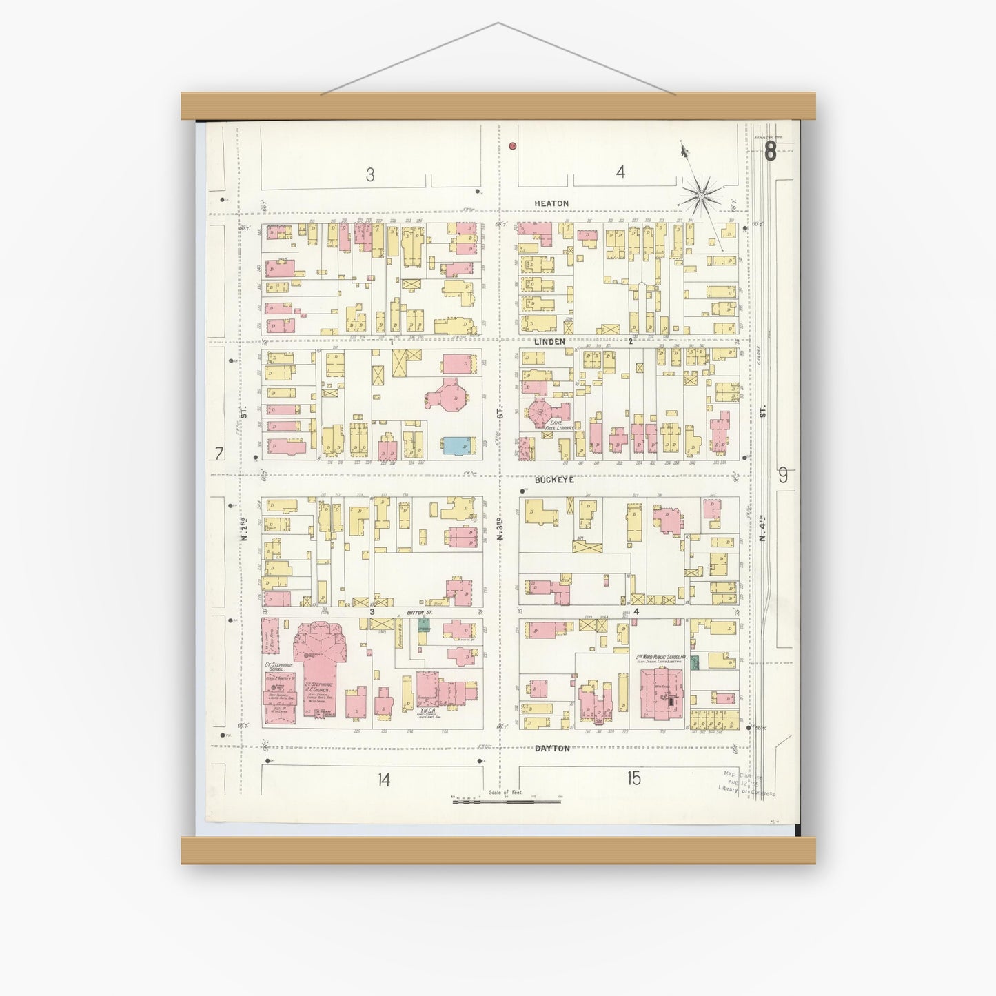 Old map wall art mockup — magnetic wood frame on white wall — Sanborn Fire Insurance Map from Hamilton, Butler County, Ohio (1899), Sheet #0008