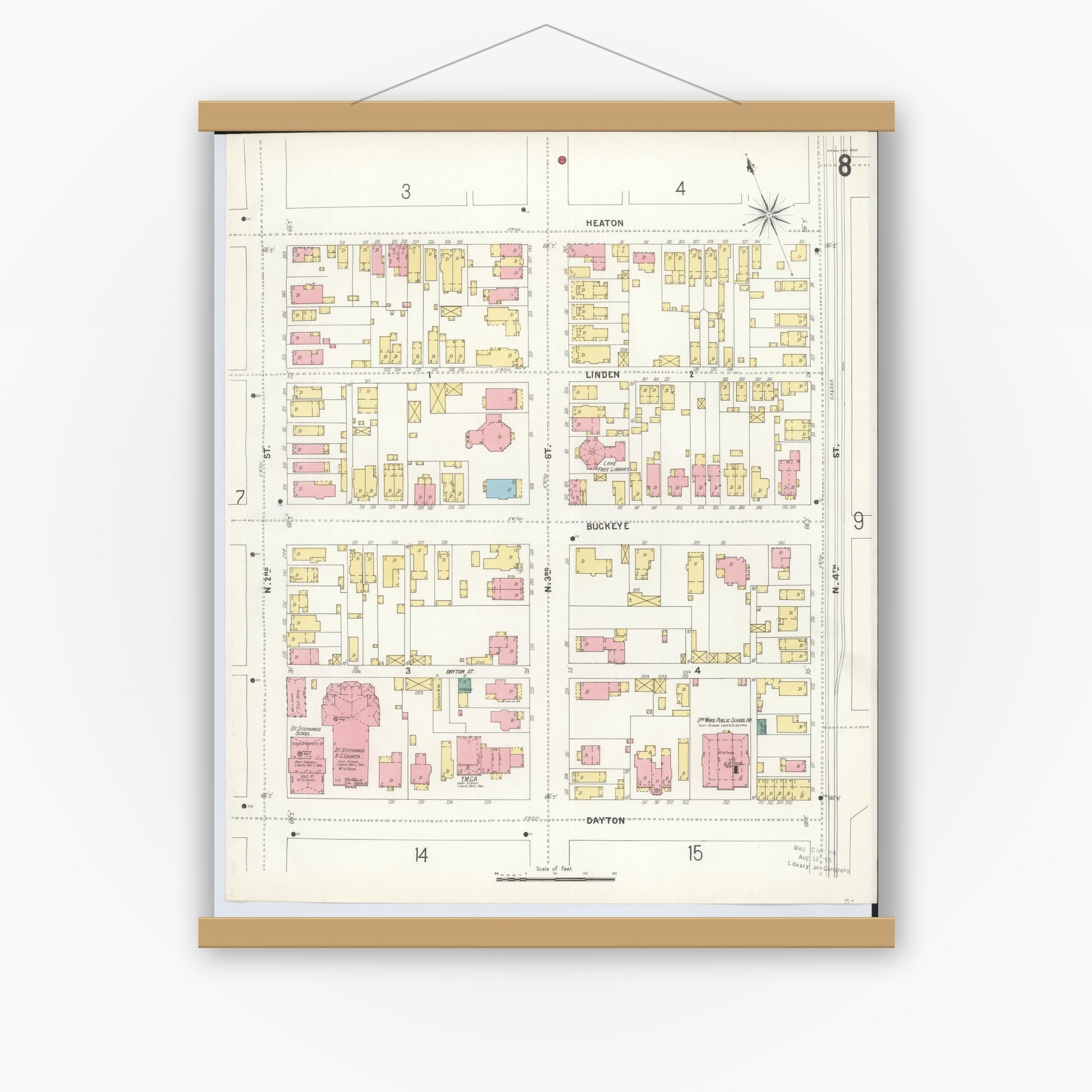 Old map wall art mockup — magnetic wood frame on white wall — Sanborn Fire Insurance Map from Hamilton, Butler County, Ohio (1899), Sheet #0008