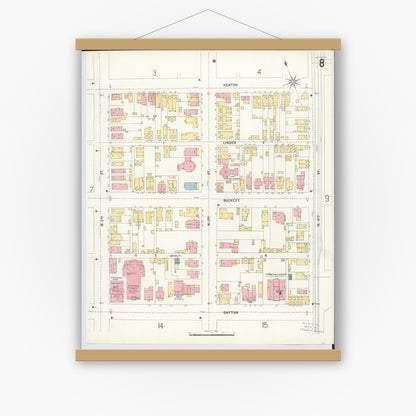 Old map wall art mockup — magnetic wood frame on white wall — Sanborn Fire Insurance Map from Hamilton, Butler County, Ohio (1899), Sheet #0008