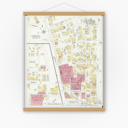 Old map wall art mockup — magnetic wood frame on white wall — Sanborn Fire Insurance Map from East Liverpool, Columbiana County, Ohio (1908), Sheet #0007