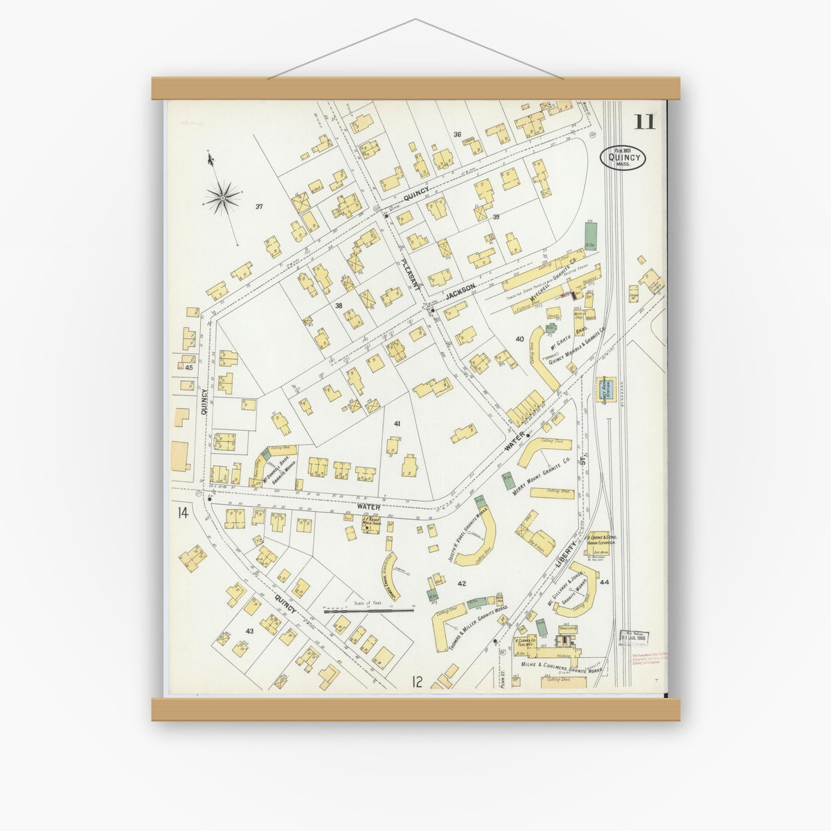 Old map wall art mockup — magnetic wood frame on white wall — Sanborn Fire Insurance Map from Quincy, Norfolk County, Massachusetts (1901), Sheet #0011
