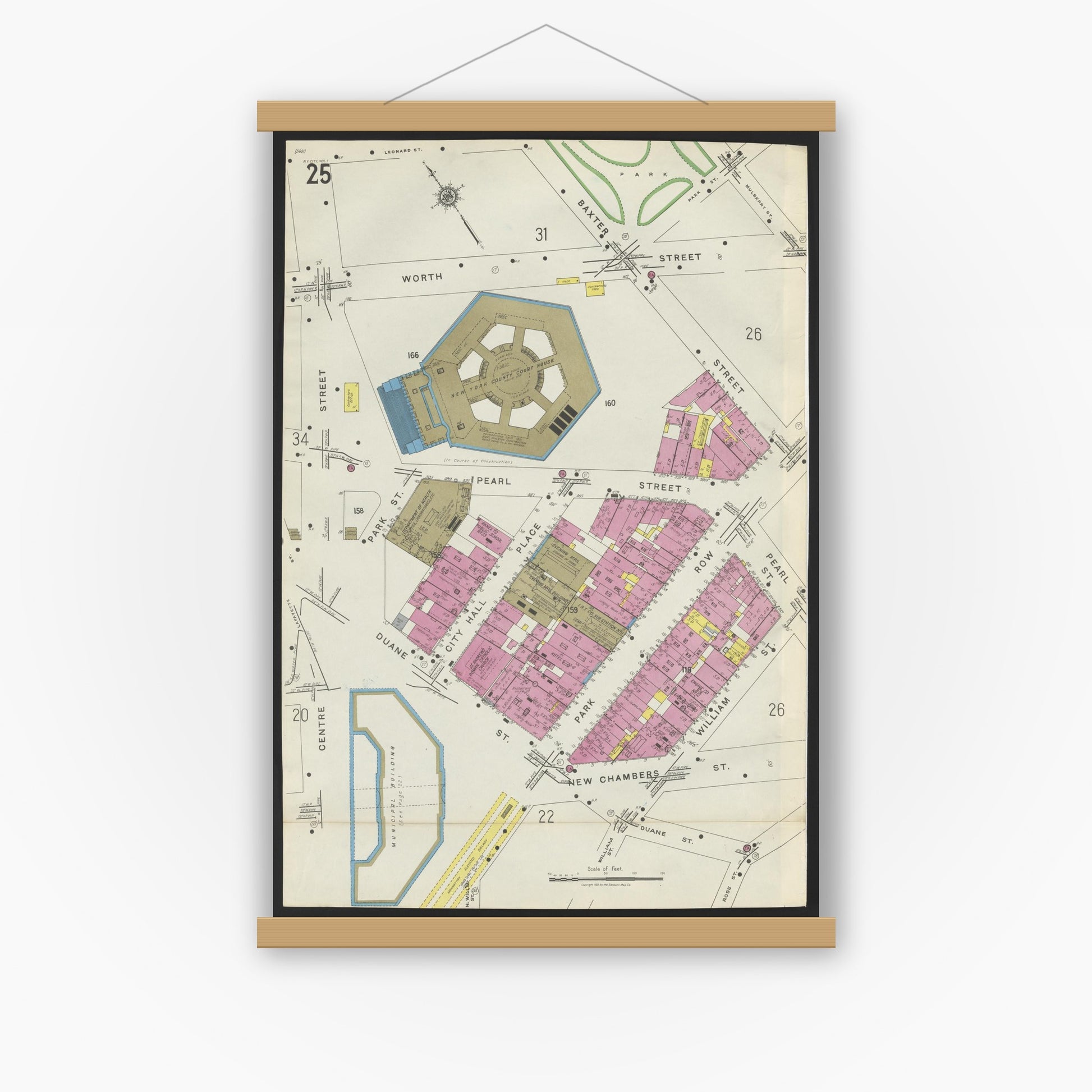 Old map wall art mockup — magnetic wood frame on white wall — Sanborn Fire Insurance Map from New York, Bronx, Manhattan, New York (1923), Sheet #0025