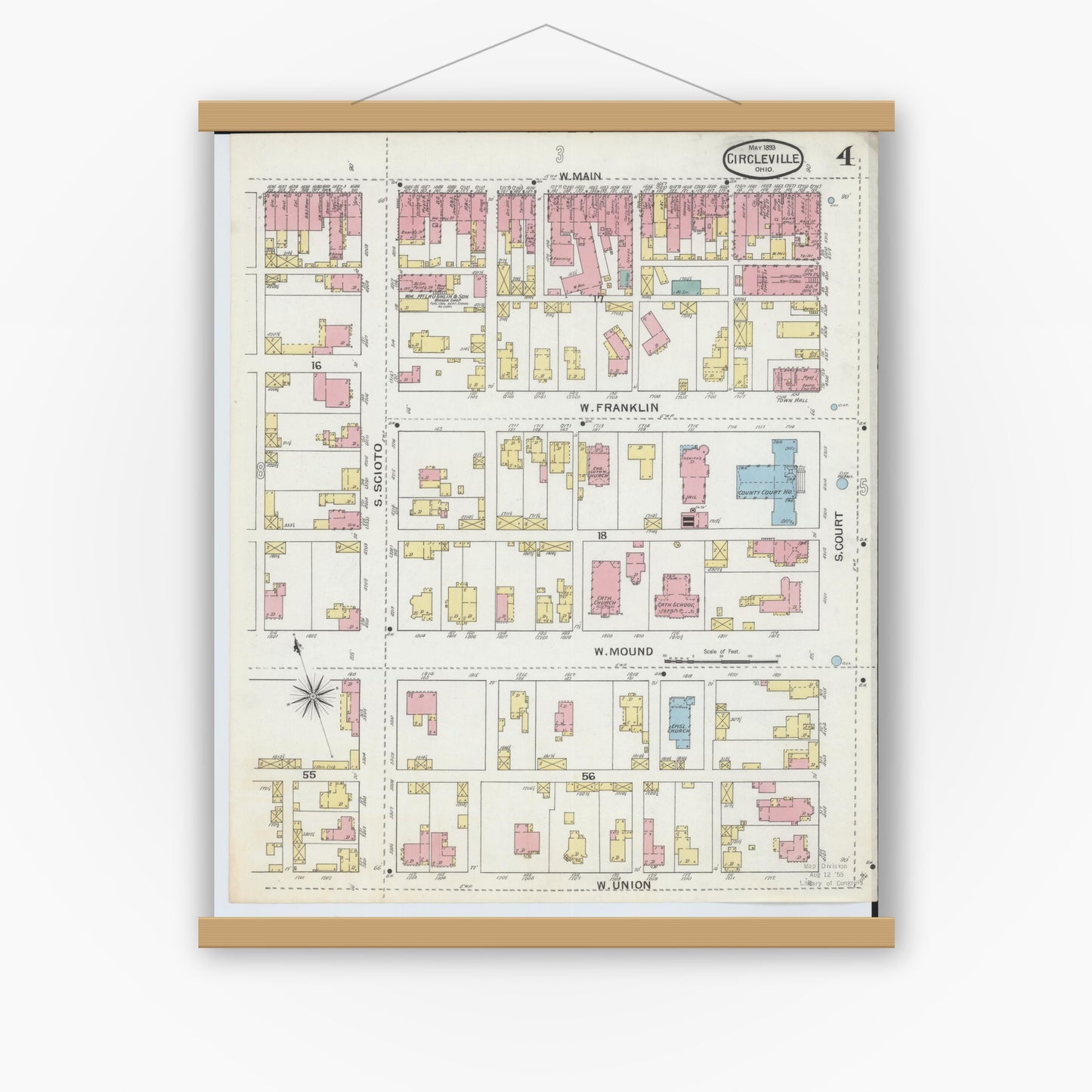 Old map wall art mockup — magnetic wood frame on white wall — Sanborn Fire Insurance Map from Circleville, Pickaway County, Ohio (1893), Sheet #0004