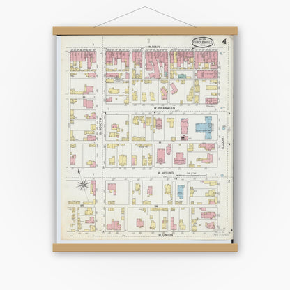 Old map wall art mockup — magnetic wood frame on white wall — Sanborn Fire Insurance Map from Circleville, Pickaway County, Ohio (1893), Sheet #0004