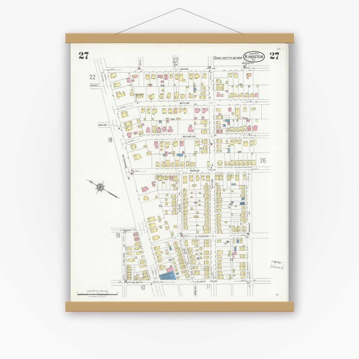 Old map wall art mockup — magnetic wood frame on white wall — Sanborn Fire Insurance Map from Kingston, Luzerne County, Pennsylvania (1925), Sheet #0027