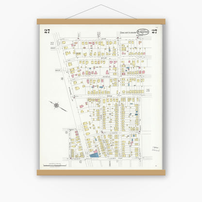 Old map wall art mockup — magnetic wood frame on white wall — Sanborn Fire Insurance Map from Kingston, Luzerne County, Pennsylvania (1925), Sheet #0027