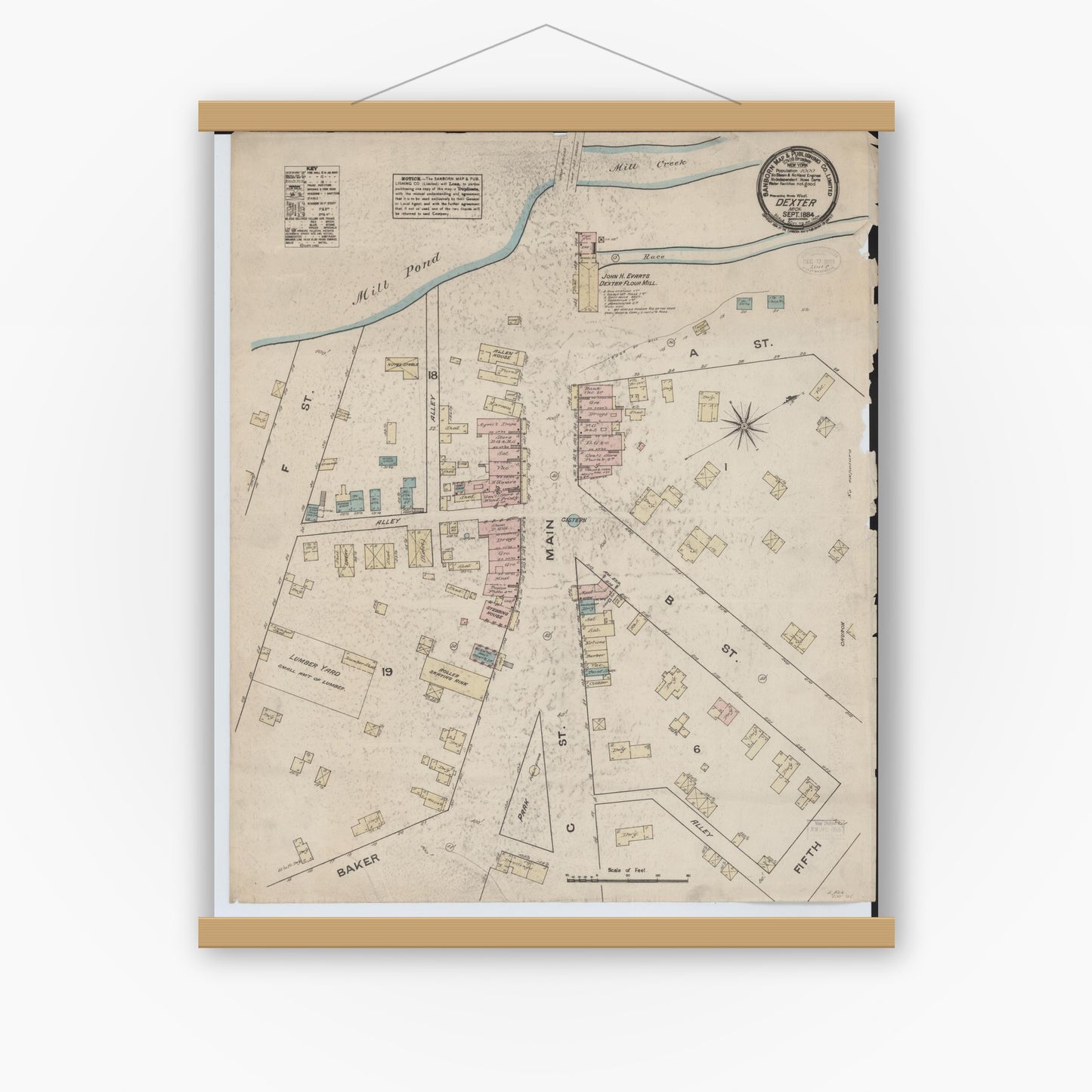 Old map wall art mockup — magnetic wood frame on white wall — Sanborn Fire Insurance Map from Dexter, Washtenaw County, Michigan (1884), Sheet #0001