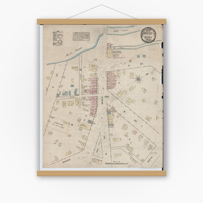 Old map wall art mockup — magnetic wood frame on white wall — Sanborn Fire Insurance Map from Dexter, Washtenaw County, Michigan (1884), Sheet #0001