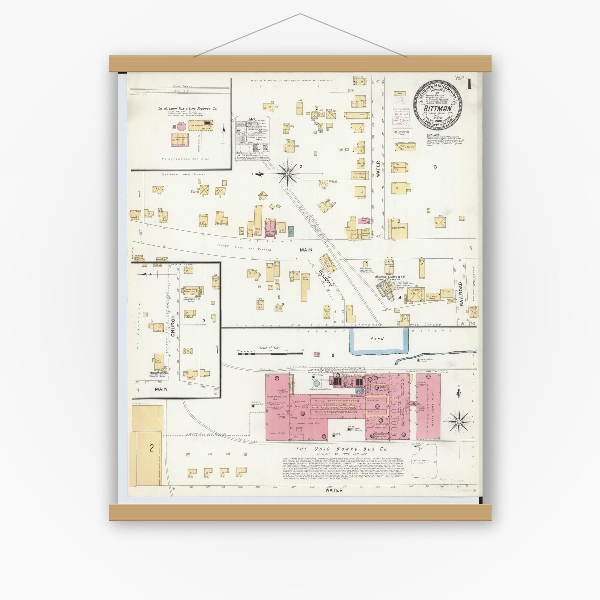 Old map wall art mockup — magnetic wood frame on white wall — Sanborn Fire Insurance Map from Rittman, Wayne County, Ohio (1908) - Complete Map Set
