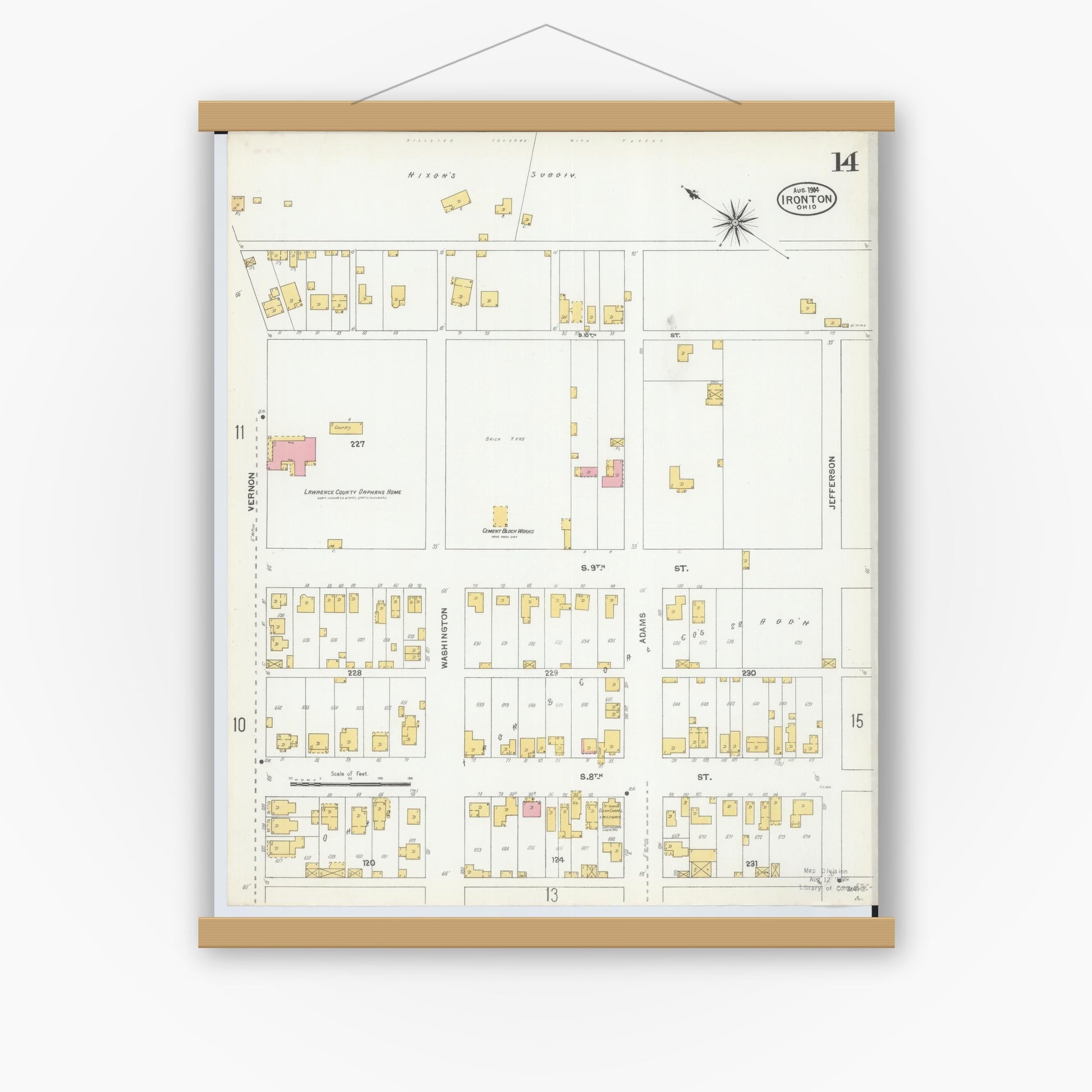 Old map wall art mockup — magnetic wood frame on white wall — Sanborn Fire Insurance Map from Ironton, Lawrence County, Ohio (1904), Sheet #0014