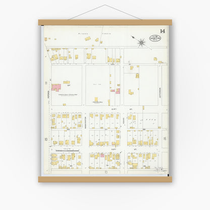 Old map wall art mockup — magnetic wood frame on white wall — Sanborn Fire Insurance Map from Ironton, Lawrence County, Ohio (1904), Sheet #0014