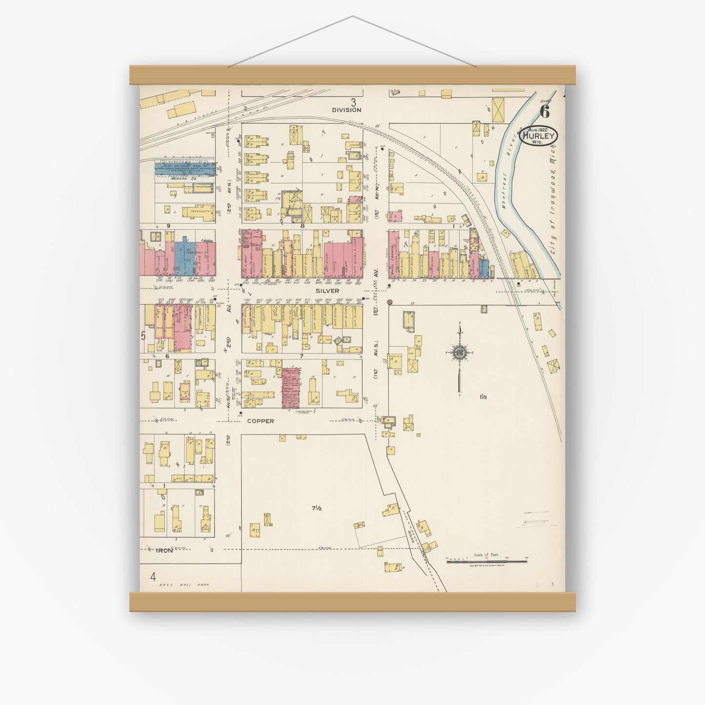 Old map wall art mockup — magnetic wood frame on white wall — Sanborn Fire Insurance Map from Hurley, Iron County, Wisconsin (1922), Sheet #0006