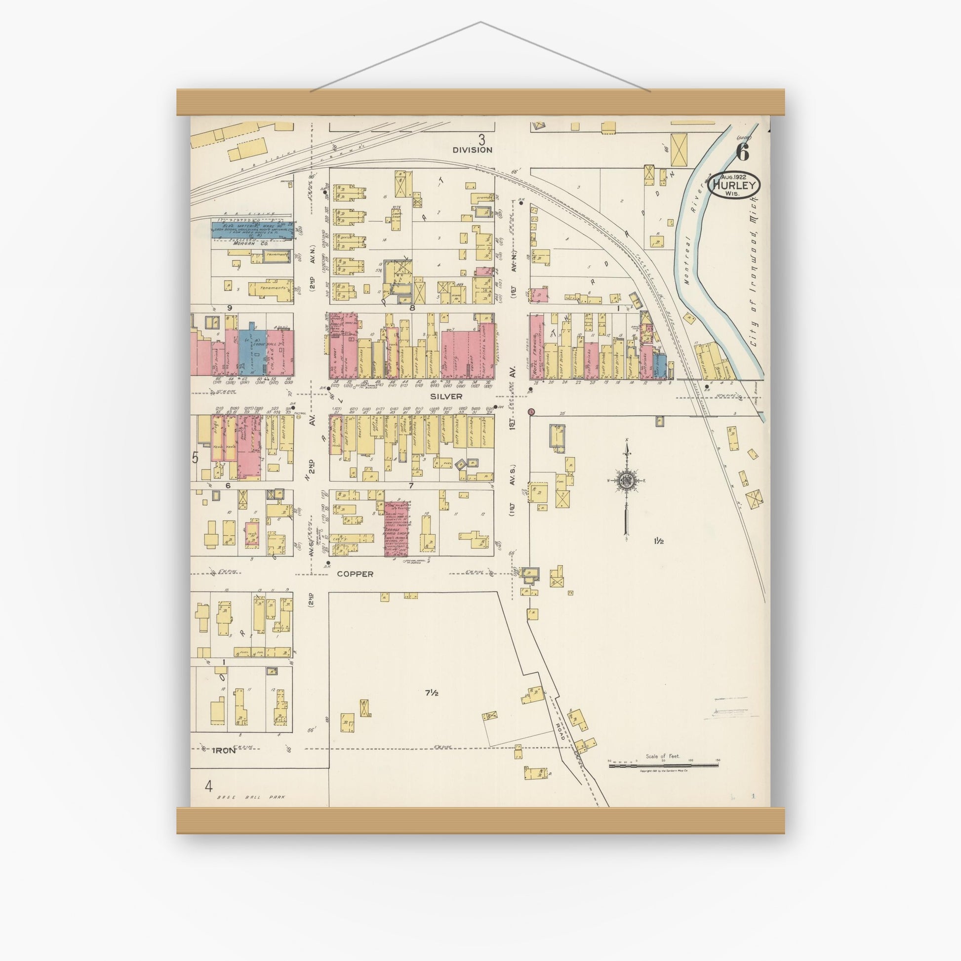 Old map wall art mockup — magnetic wood frame on white wall — Sanborn Fire Insurance Map from Hurley, Iron County, Wisconsin (1922), Sheet #0006