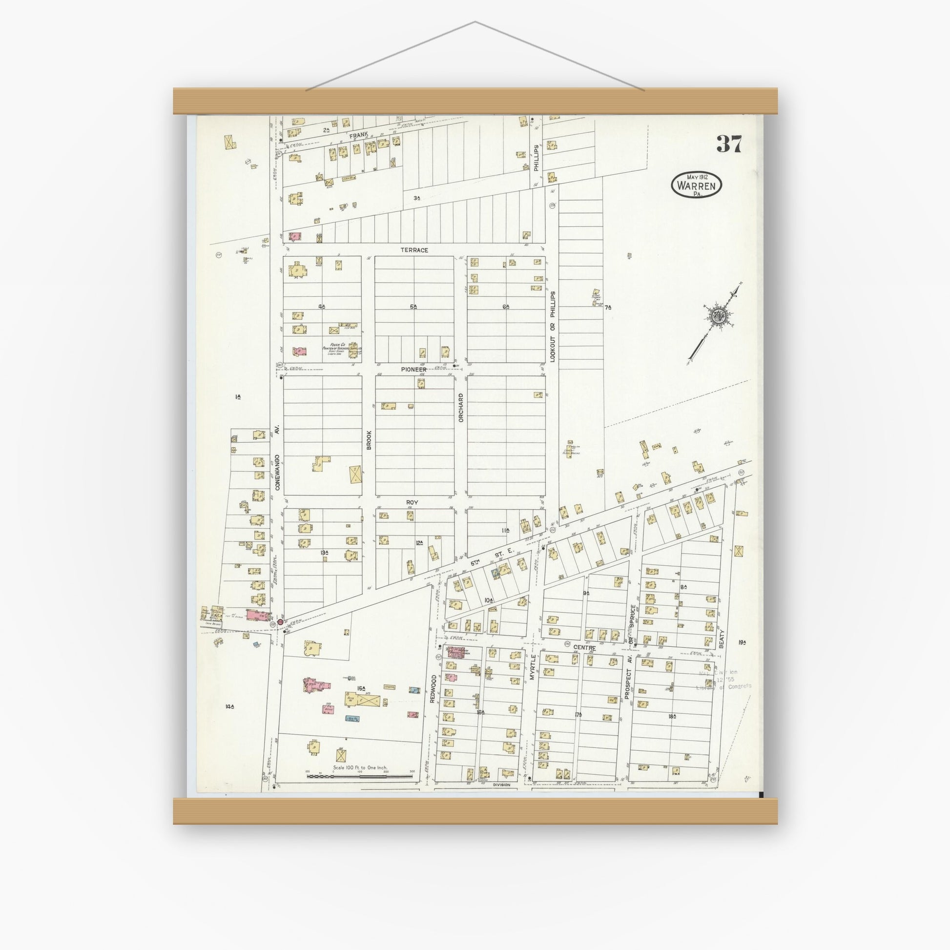 Old map wall art mockup — magnetic wood frame on white wall — Sanborn Fire Insurance Map from Warren, Warren County, Pennsylvania (1912), Sheet #0037