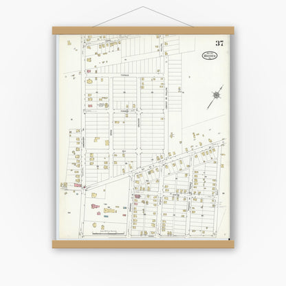 Old map wall art mockup — magnetic wood frame on white wall — Sanborn Fire Insurance Map from Warren, Warren County, Pennsylvania (1912), Sheet #0037