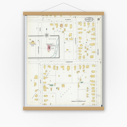 Old map wall art mockup — magnetic wood frame on white wall — Sanborn Fire Insurance Map from Charlotte, Eaton County, Michigan (1904), Sheet #0008