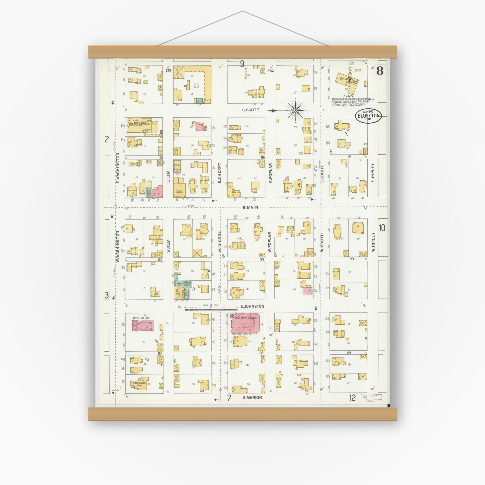 Old map wall art mockup — magnetic wood frame on white wall — Sanborn Fire Insurance Map from Bluffton, Wells County, Indiana (1900), Sheet #0008