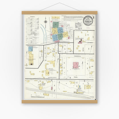 Old map wall art mockup — magnetic wood frame on white wall — Sanborn Fire Insurance Map from Covington, Fountain County, Indiana (1910), Sheet #0001