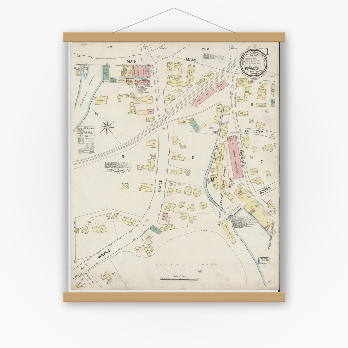 Old map wall art mockup — magnetic wood frame on white wall — Sanborn Fire Insurance Map from Warren, Worcester County, Massachusetts (1887), Sheet #0001