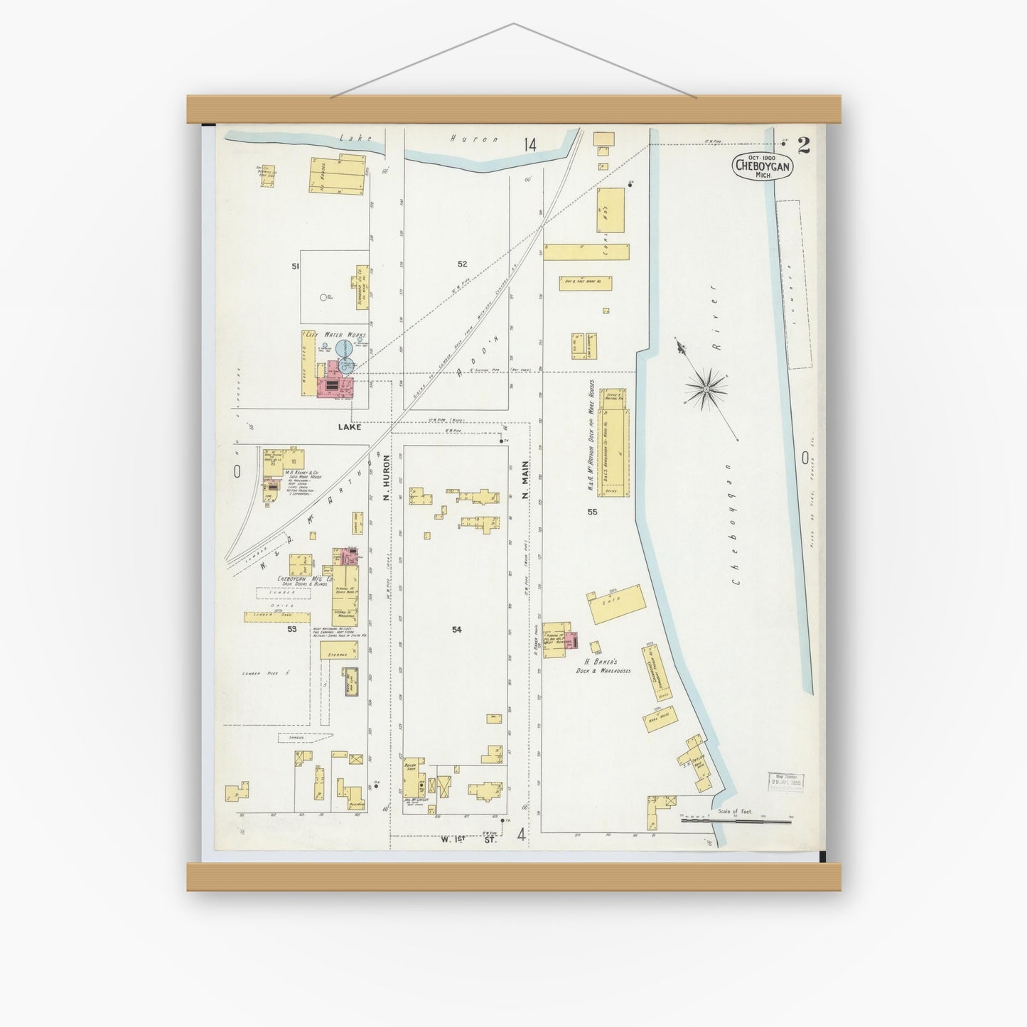 Old map wall art mockup — magnetic wood frame on white wall — Sanborn Fire Insurance Map from Cheboygan, Cheboygan County, Michigan (1900), Sheet #0002
