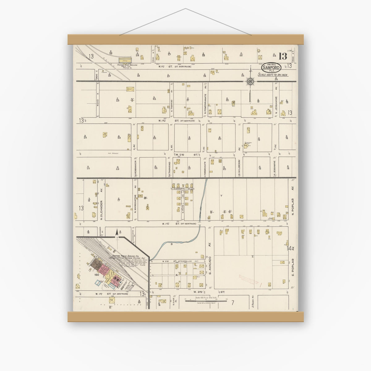Old map wall art mockup — magnetic wood frame on white wall — Sanborn Fire Insurance Map from Sanford, Seminole County, Florida (1922), Sheet #0013