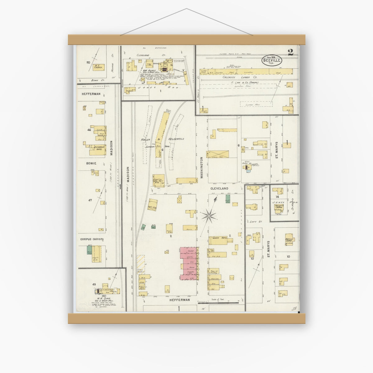 Old map wall art mockup — magnetic wood frame on white wall — Sanborn Fire Insurance Map from Beeville, Bee County, Texas (1898), Sheet #0002