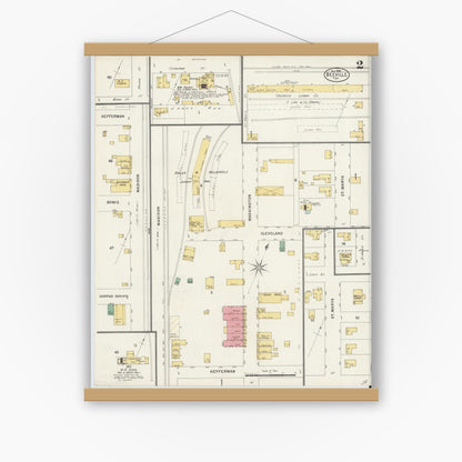 Old map wall art mockup — magnetic wood frame on white wall — Sanborn Fire Insurance Map from Beeville, Bee County, Texas (1898), Sheet #0002