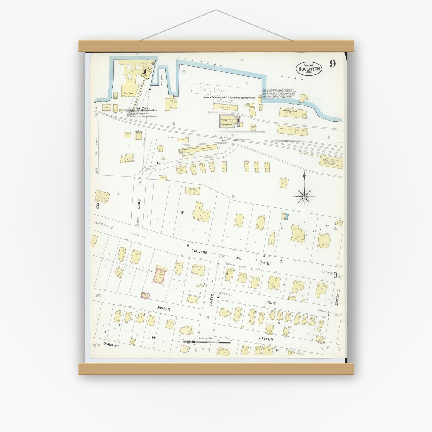 Old map wall art mockup — magnetic wood frame on white wall — Sanborn Fire Insurance Map from Houghton, Houghton County, Michigan (1908), Sheet #0009