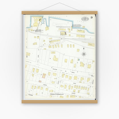 Old map wall art mockup — magnetic wood frame on white wall — Sanborn Fire Insurance Map from Houghton, Houghton County, Michigan (1908), Sheet #0009