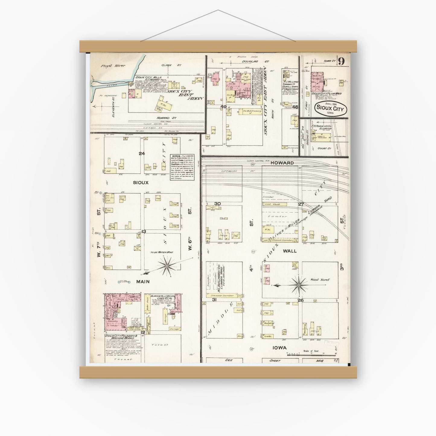 Old map wall art mockup — magnetic wood frame on white wall — Sanborn Fire Insurance Map from Sioux City, Woodbury County, Iowa (1884), Sheet #0009