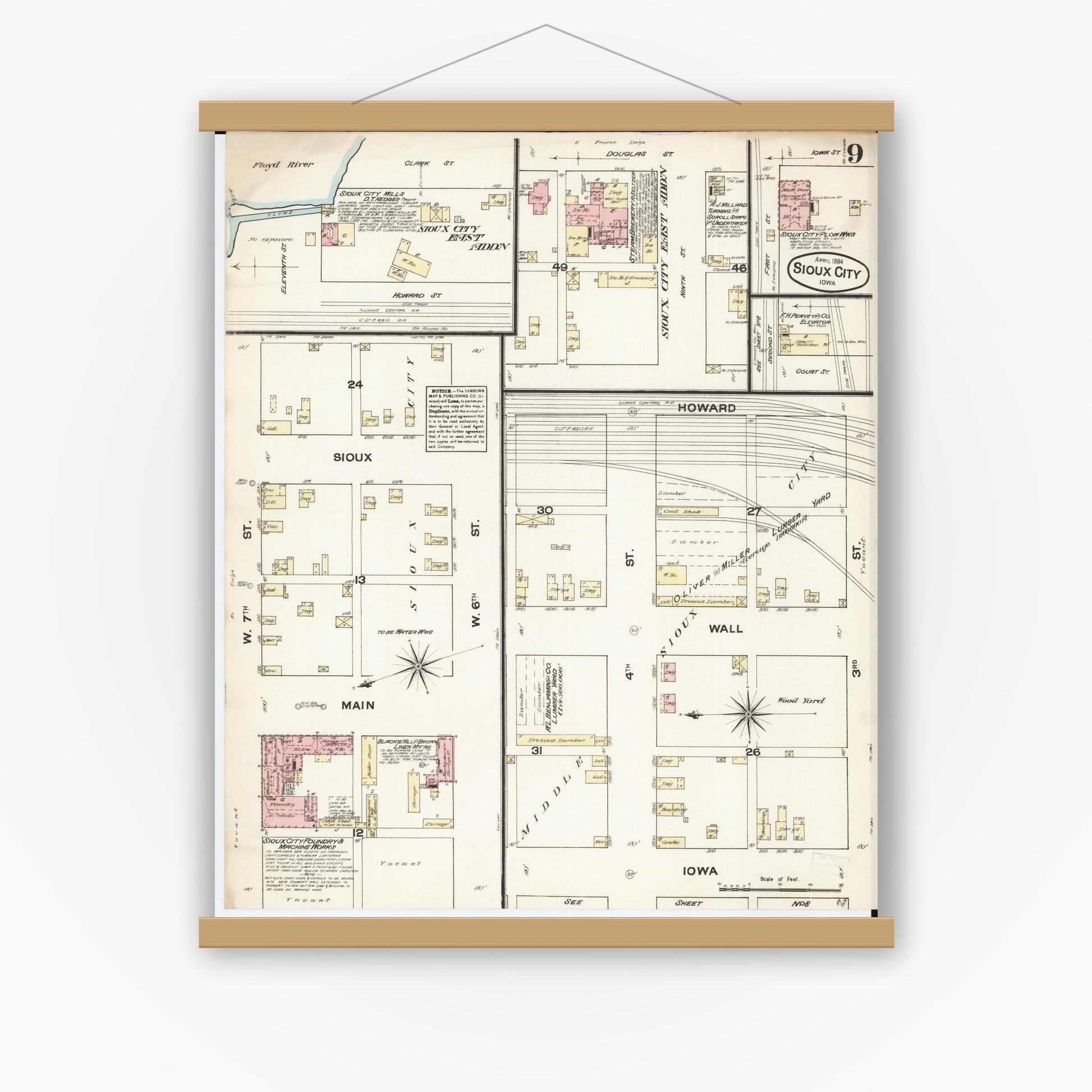 Old map wall art mockup — magnetic wood frame on white wall — Sanborn Fire Insurance Map from Sioux City, Woodbury County, Iowa (1884), Sheet #0009