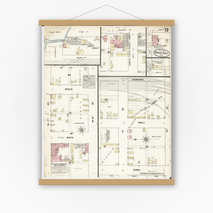Old map wall art mockup — magnetic wood frame on white wall — Sanborn Fire Insurance Map from Sioux City, Woodbury County, Iowa (1884), Sheet #0009