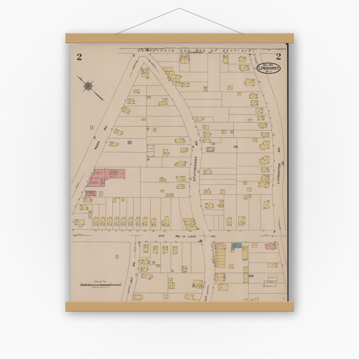 Old map wall art mockup — magnetic wood frame on white wall — Sanborn Fire Insurance Map from Lyndhurst, Bergen County, New Jersey (1922) - Complete Map Set
