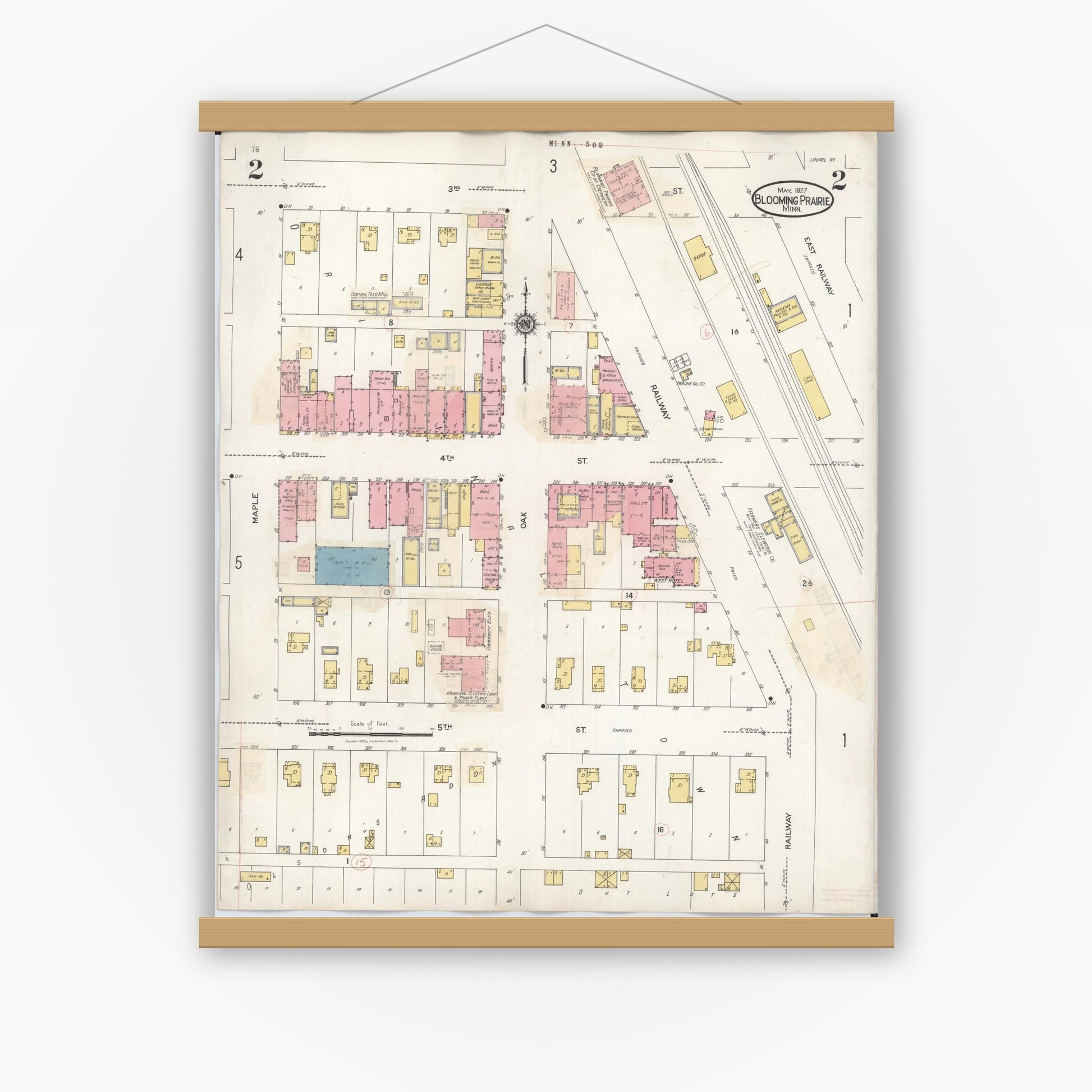 Old map wall art mockup — magnetic wood frame on white wall — Sanborn Fire Insurance Map from Blooming Prairie, Steele County, Minnesota (1937), Sheet #0002