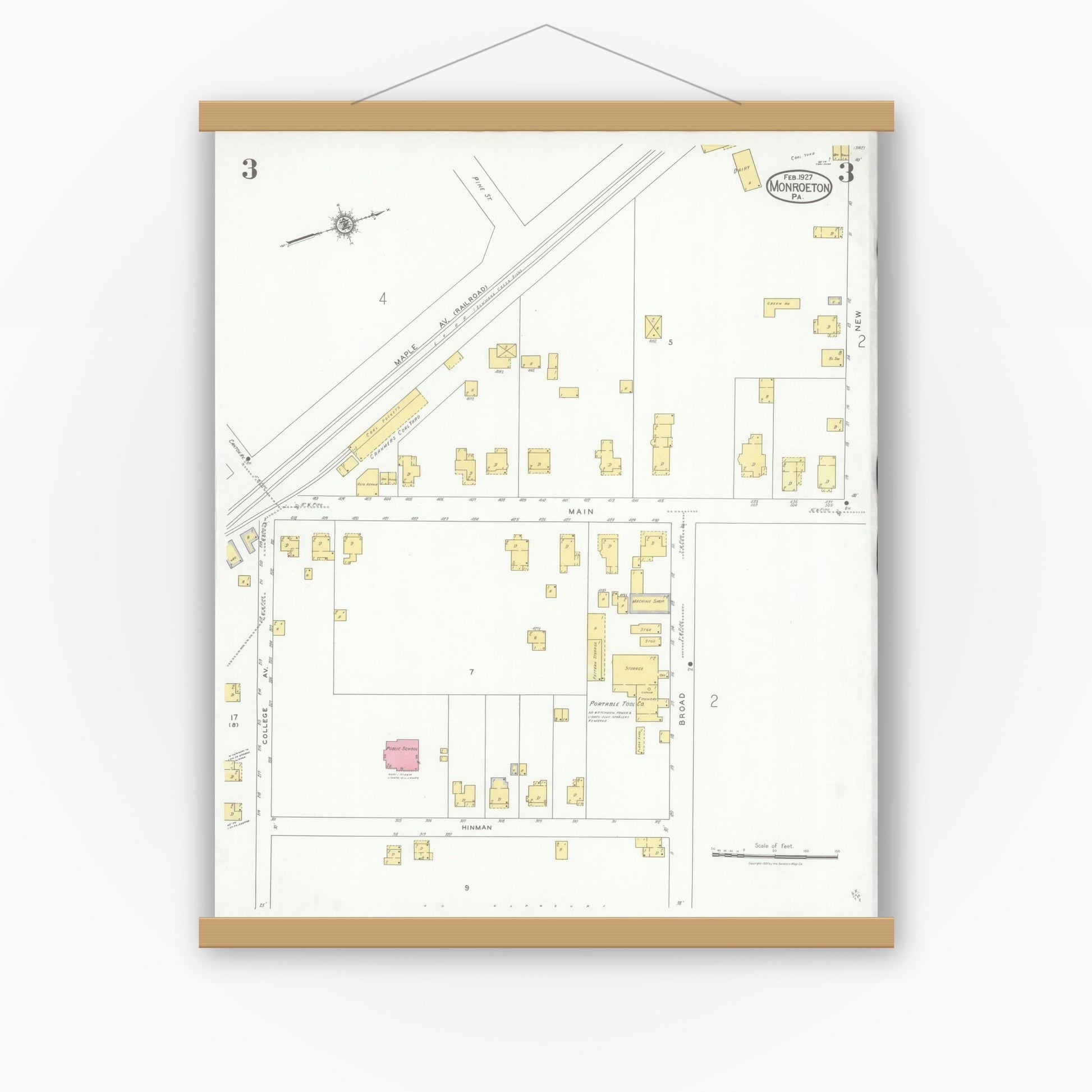 Old map wall art mockup — magnetic wood frame on white wall — Sanborn Fire Insurance Map from Monroeton, Bradford County, Pennsylvania (1927), Sheet #0003