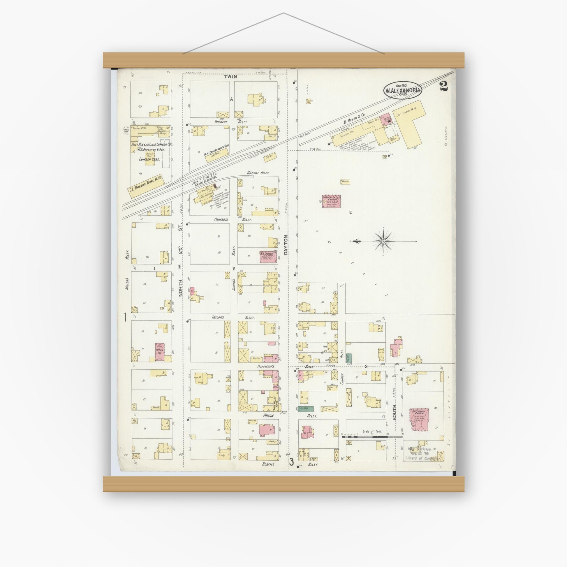 Old map wall art mockup — magnetic wood frame on white wall — Sanborn Fire Insurance Map from West Alexandria, Preble County, Ohio (1901), Sheet #0002