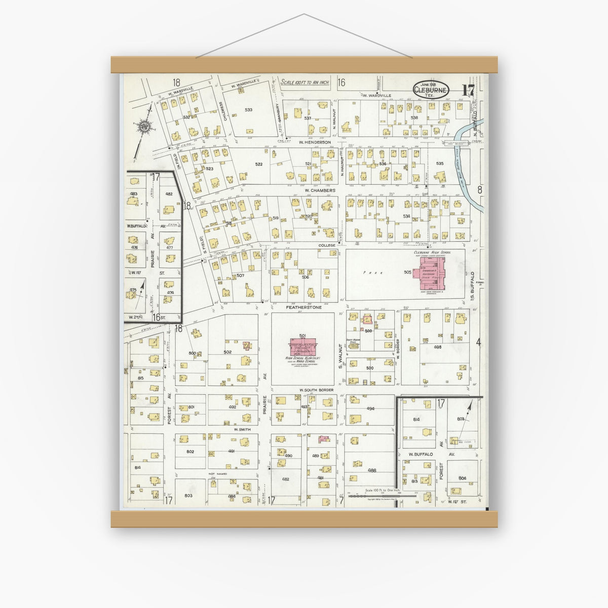 Old map wall art mockup — magnetic wood frame on white wall — Sanborn Fire Insurance Map from Cleburne, Johnson County, Texas (1918), Sheet #0017