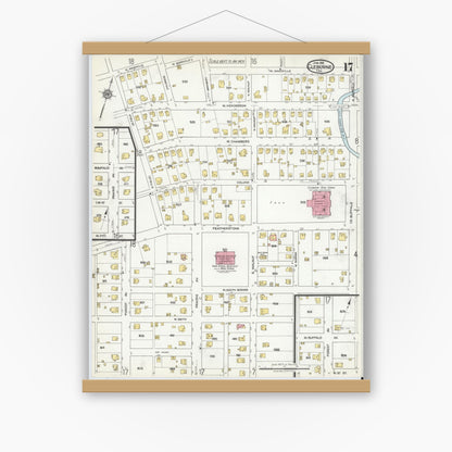 Old map wall art mockup — magnetic wood frame on white wall — Sanborn Fire Insurance Map from Cleburne, Johnson County, Texas (1918), Sheet #0017