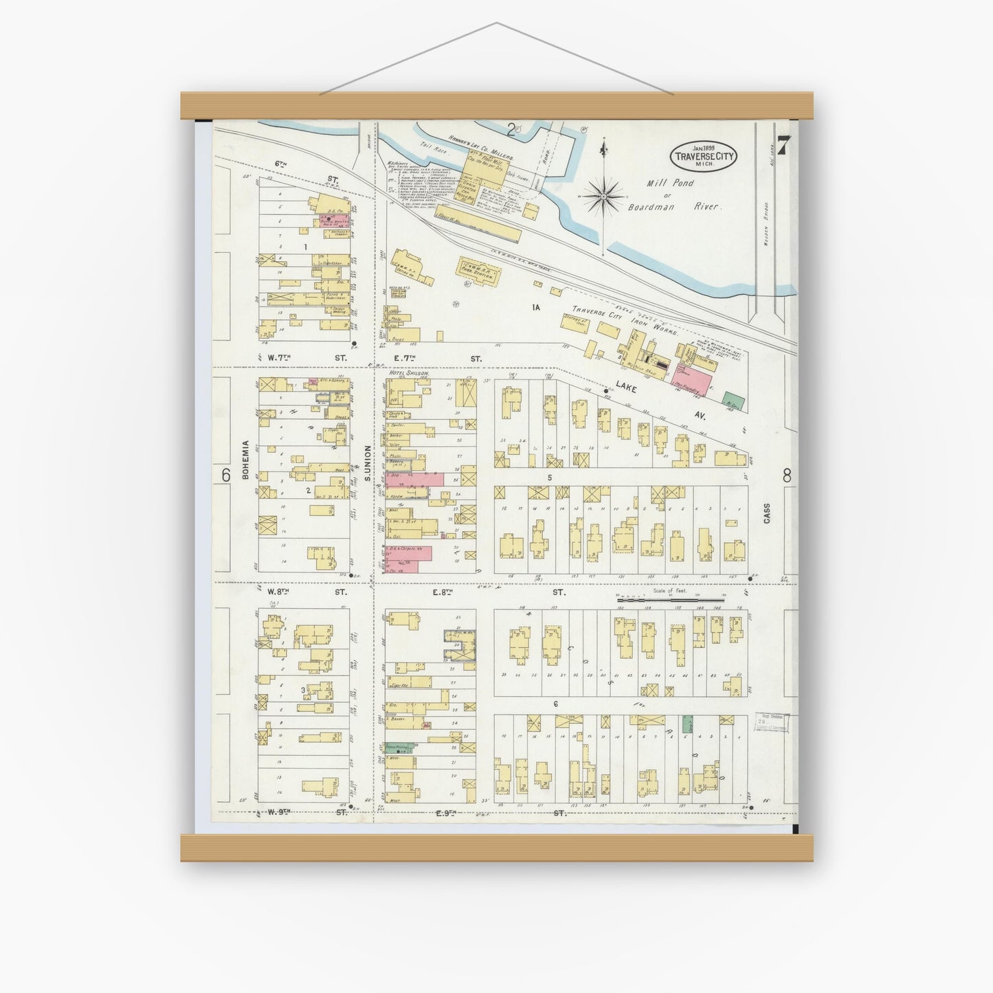 Old map wall art mockup — magnetic wood frame on white wall — Sanborn Fire Insurance Map from Traverse City, Grand Traverse County, Michigan (1899), Sheet #0007