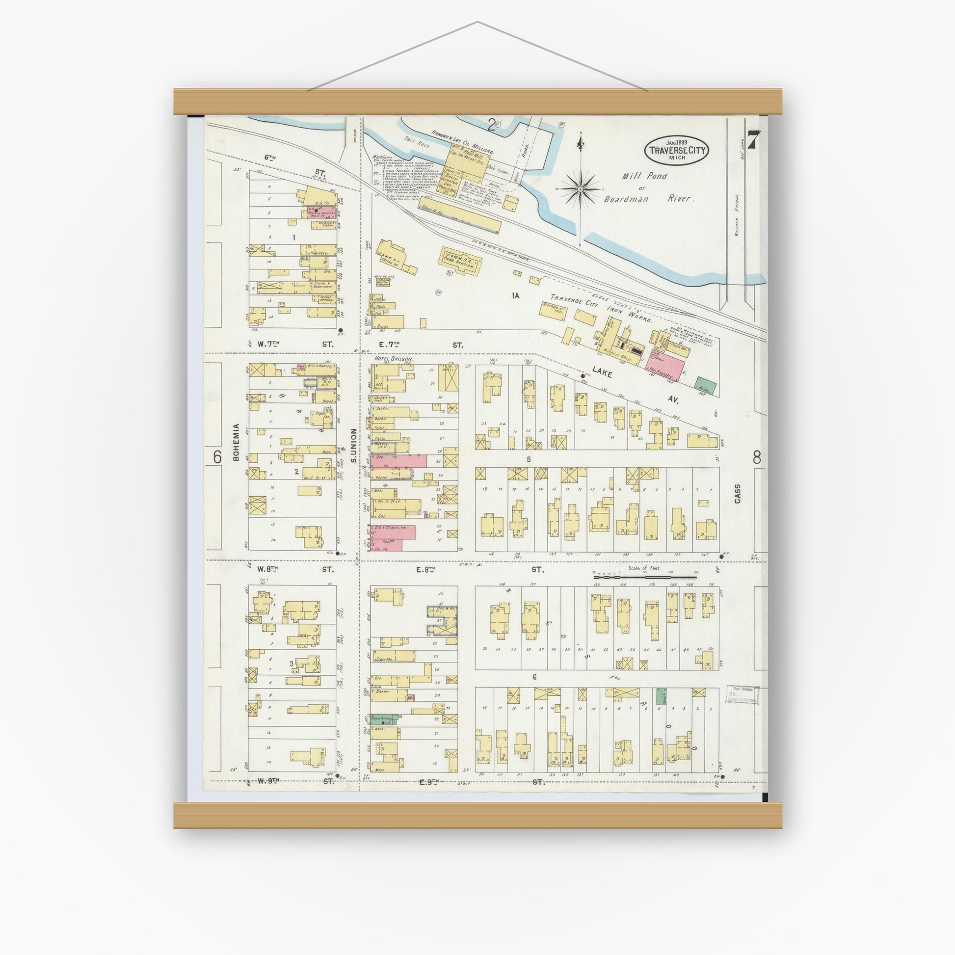 Old map wall art mockup — magnetic wood frame on white wall — Sanborn Fire Insurance Map from Traverse City, Grand Traverse County, Michigan (1899), Sheet #0007