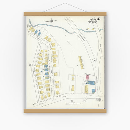 Old map wall art mockup — magnetic wood frame on white wall — Sanborn Fire Insurance Map from Watertown, Middlesex County, Massachusetts (1916), Sheet #0027